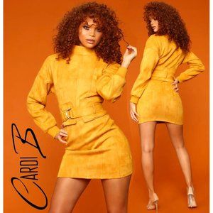 💥KILLER DESIGN💥Cardi B Collection Scuba Suede Contemporary Dress in Mustard